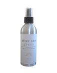 Silver spray bottle labeled 'after sun spray' on a white background