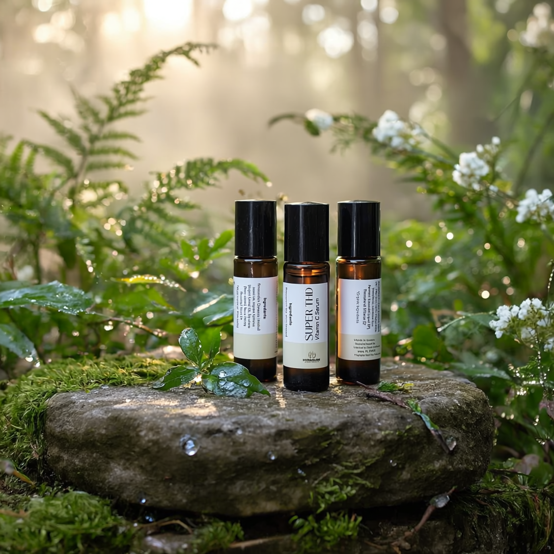 Three bottles of essential oils on a stone in a forest setting
