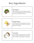 key ingredients geranium, ylang ylang, and coconut