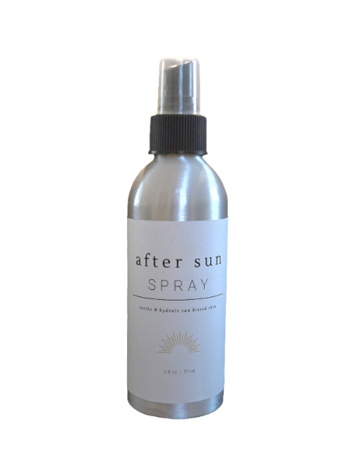 Silver spray bottle labeled 'after sun spray' on a white background
